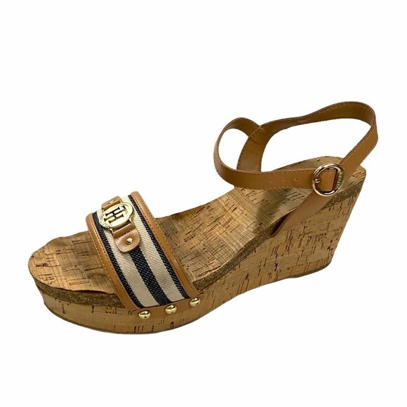 Tommy Hilfiger Women's Twhottie Nautical Logo Stripe Cork Wedge Sandals Size 9.5 - Picture 1 of 12